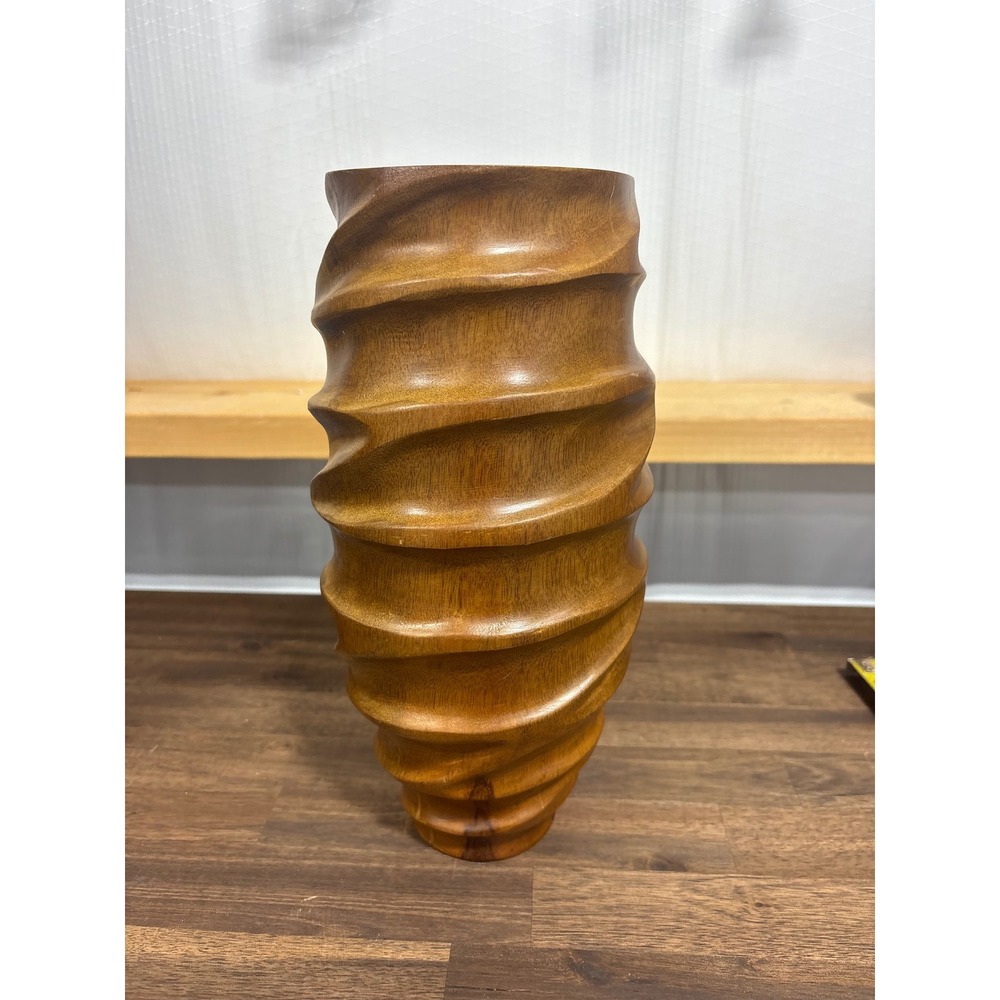 Vintage Hand Carved Spiral Wood Vase Mid Century Modern Sculptural Boho Decor